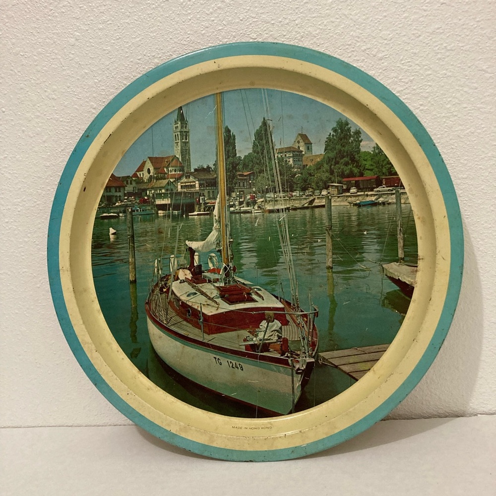 ANTIQUE 1950s sailboat harbor METAL SERVING TRAY 13” Aqua Border VINTAGE